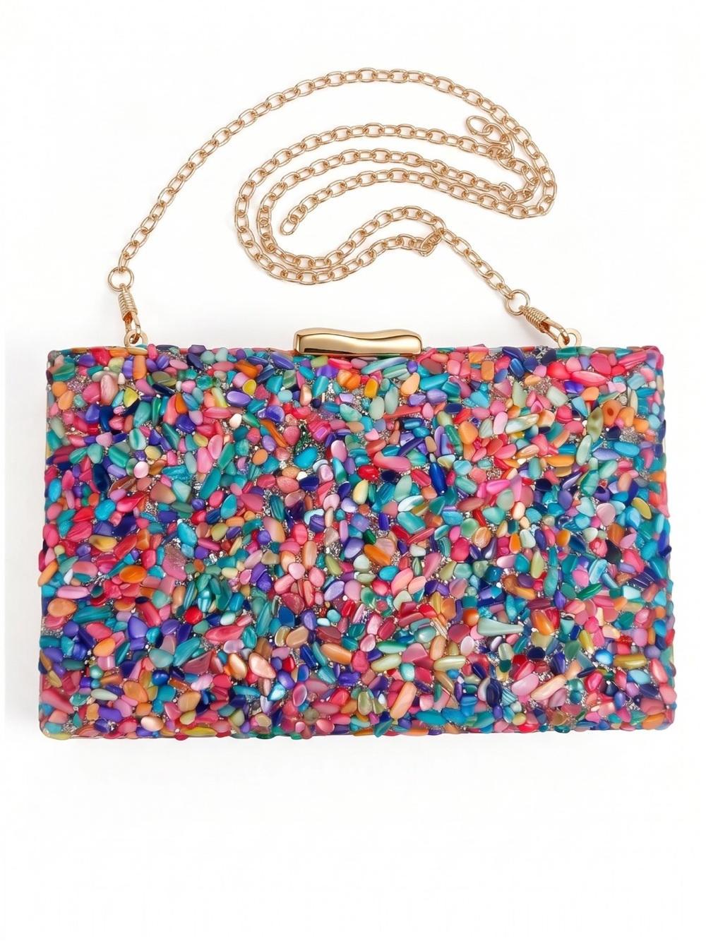 Multicolor Stone Beaded Reversible Box Clutch Black Glitter Gold Chain NWT
